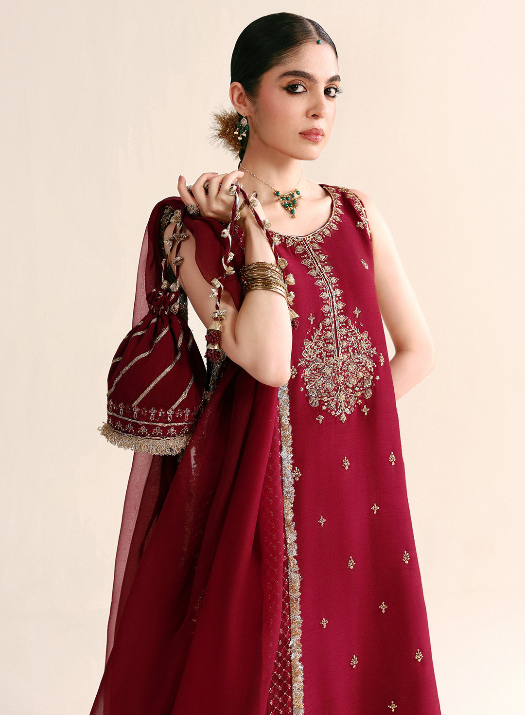 3 Piece Pure Korean Raw Silk dress - Zari Maroon