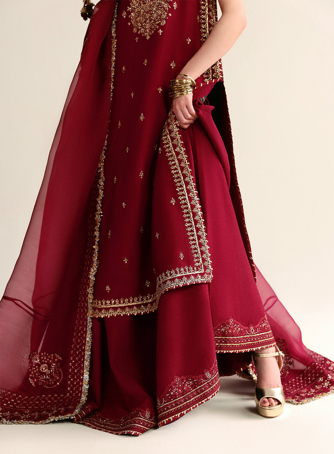 3 Piece Pure Korean Raw Silk dress - Zari Maroon