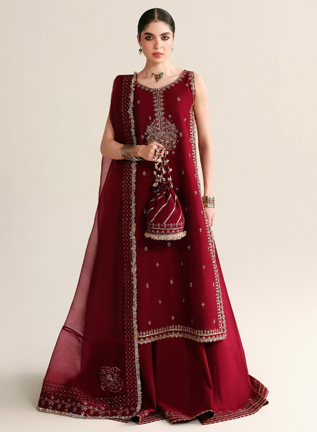 3 Piece Pure Korean Raw Silk dress - Zari Maroon