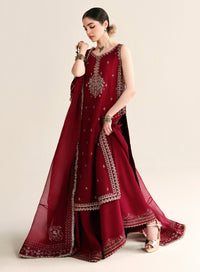 3 Piece Pure Korean Raw Silk dress - Zari Maroon